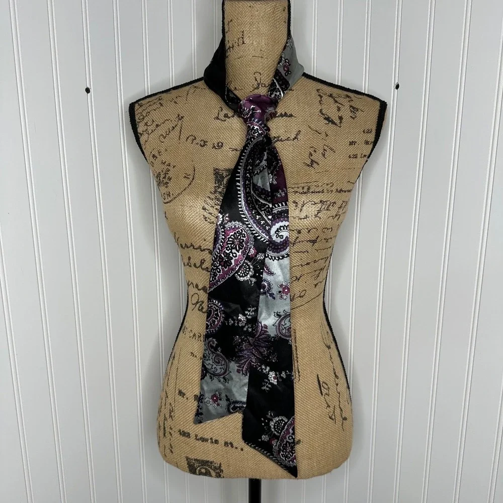 Womens‎ Skinny Scarf Paisley Floral Black Silver Purple Satin Necktie Purse Hair